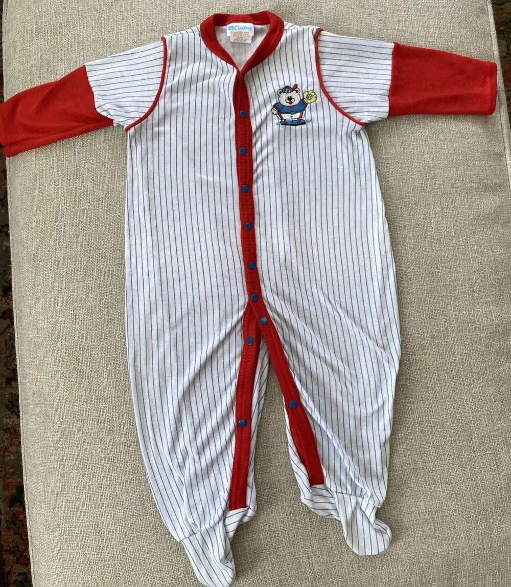 Vintage Carters 9mths Baseball Bear Striped One Pieces Outfit L USA 18/23 lbs